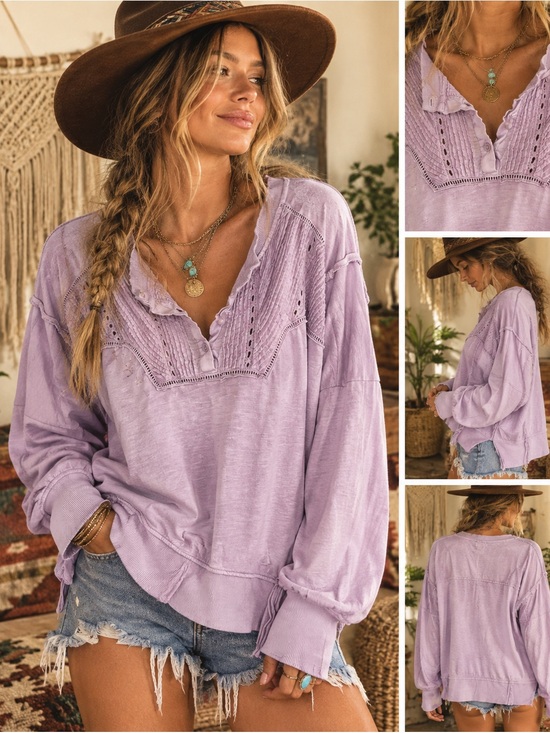 Pilcro Tops - Pilcro Lavender Crochet-Trim Long Sleeve Pullover